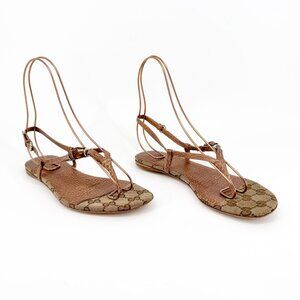 Gucci Bamboo GG Flat Thong Sandals Size 36 US 6 Beige Monogram Canvas Flop Flop